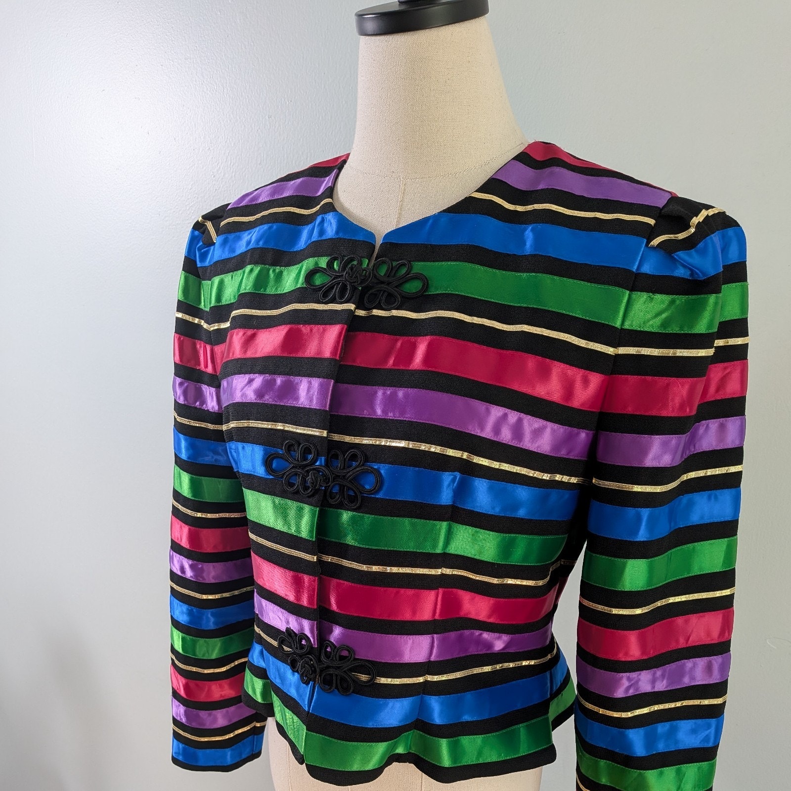 Ribbon Blazer Jacket 10p Black Multicolor Vintage 90s Avant Garde Nanny Glam